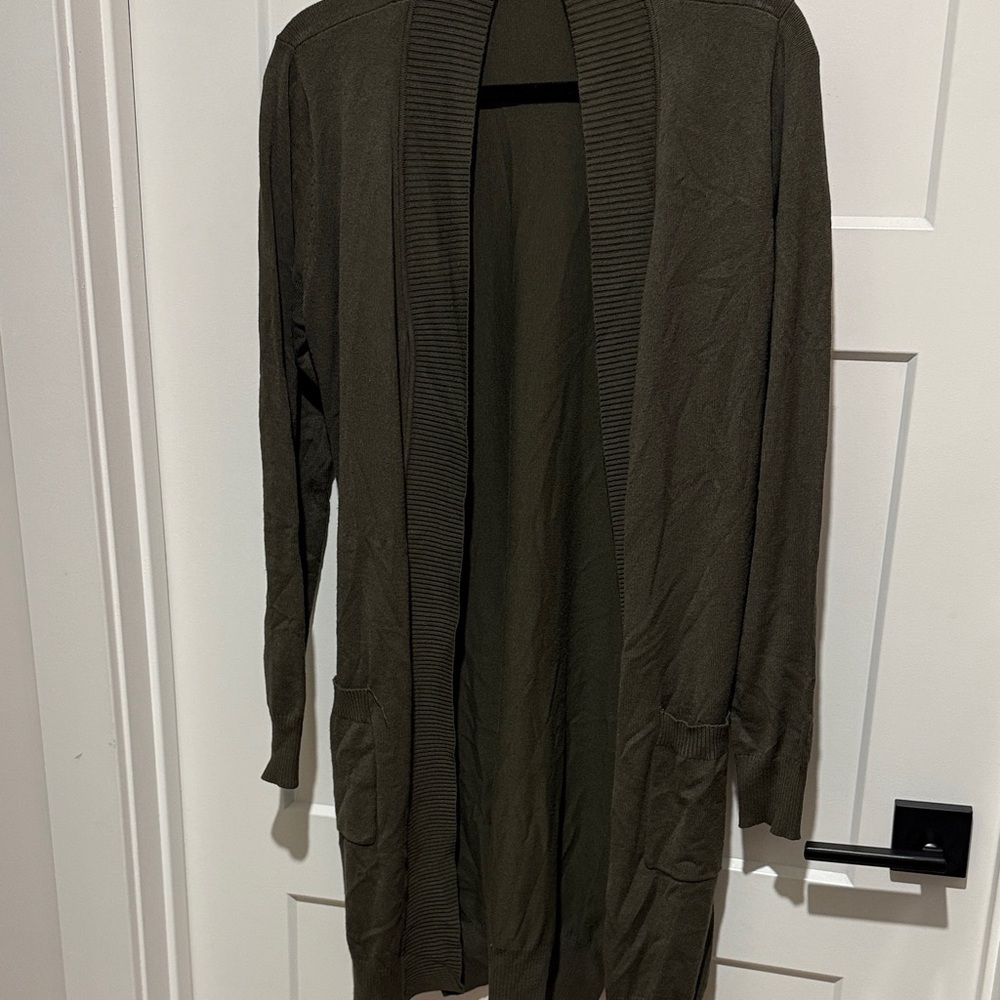 Long Open-Front Olive Green Cardigan